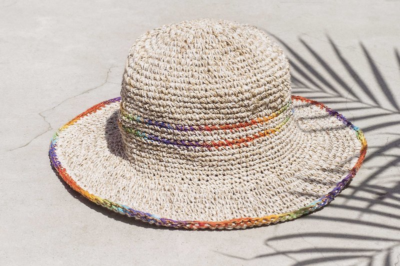 Woven cotton hat / knit hat / fisherman hat / visor / straw hat / handmade crochet hat - gradient rainbow - Hats & Caps - Cotton & Hemp Multicolor