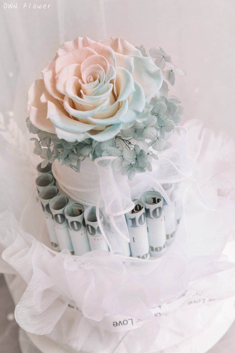 三層蛋糕禮盒/鈔票蛋糕/有錢花蛋糕/錢花蛋糕/生日禮物/生日蛋糕 - 乾燥花/永生花 - 植物．花 藍色