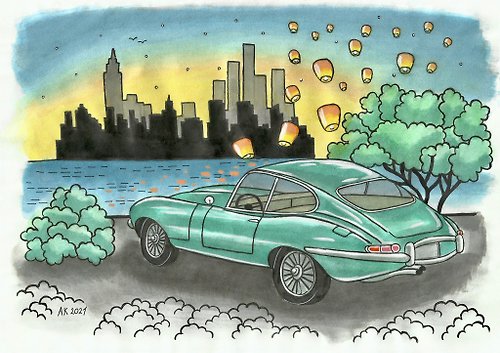 Anastasia Art - 独特的工艺 E-type watercolor painting, Jaguar car, New York City, home decor, interior