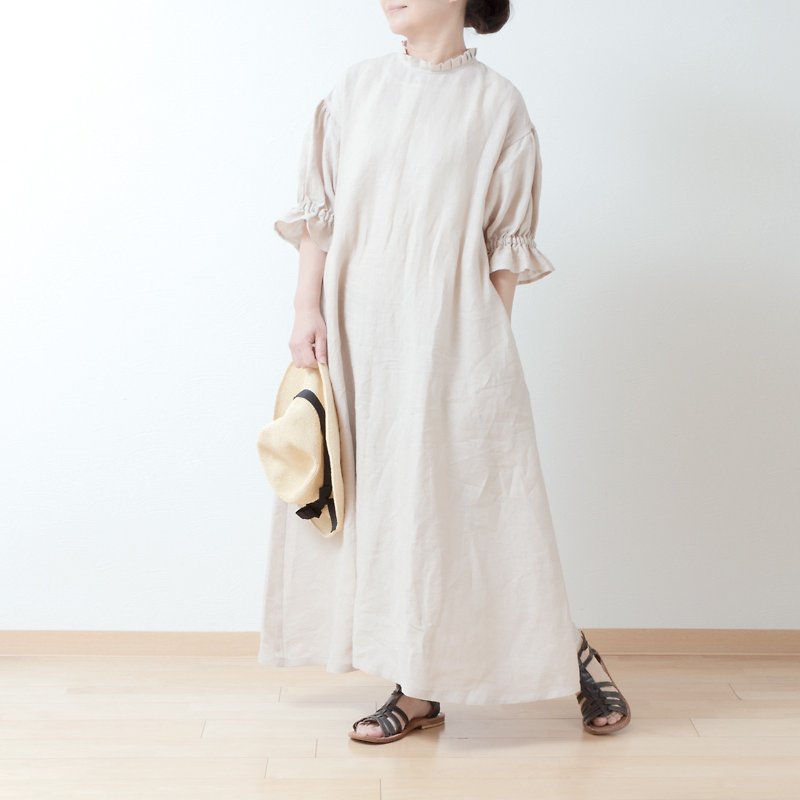The tuck frilled collar is elegant. Also great for ceremonies. Back walnut button gathered sleeve A-line Linen dress. - One Piece Dresses - Cotton & Hemp Brown