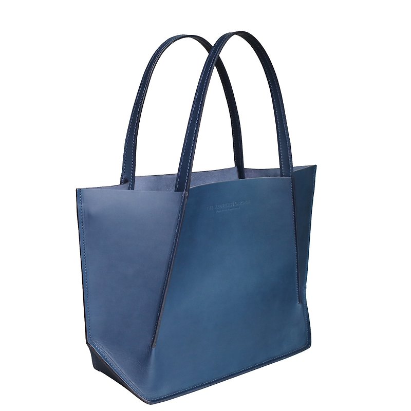 Canaly leather tote bag with zip /Navy blue - Handbags & Totes - Genuine Leather Blue