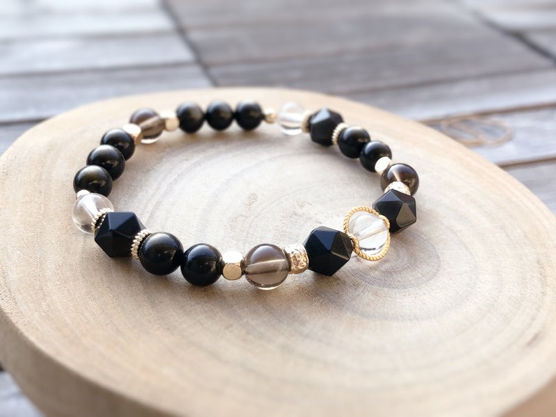 Obsidian, gold Stone, citrine, white crystal purifying and avoiding evil bracelet/8mm - สร้อยข้อมือ - คริสตัล 