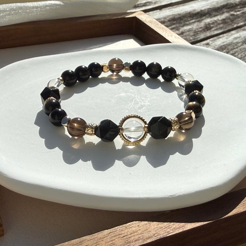 黑曜石、金曜石、茶晶、白水晶 淨化避邪手鍊/8mm - 手鍊/手環 - 水晶 
