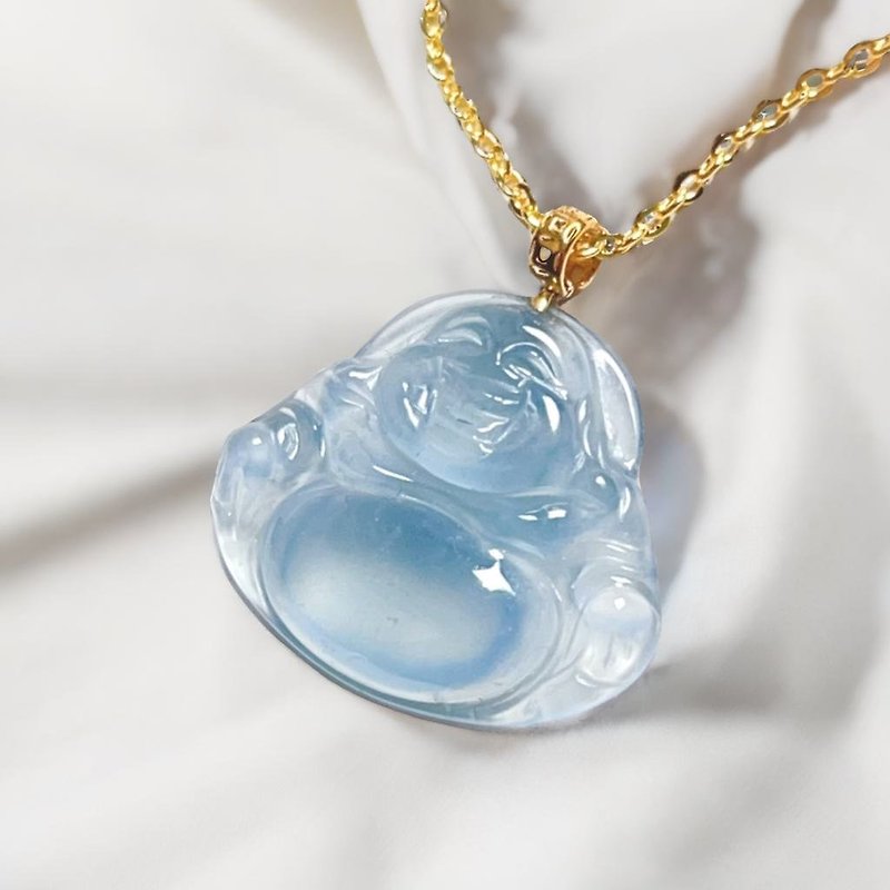 [Mother's Day Special] Glass Blue Water Jadeite Maitreya Buddha Necklace 18K Gold Pendant | Natural Jadeite A - Necklaces - Jade Blue