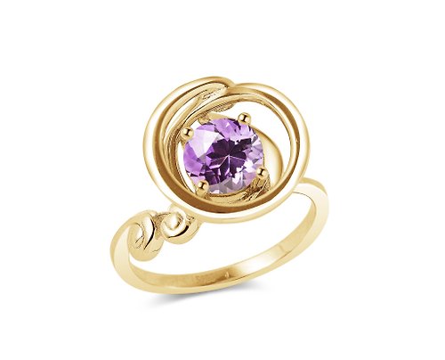 Majade Jewelry Design 紫水晶圓形戒指 2月誕生石單石戒指 簡約波浪形925純銀不對稱指環