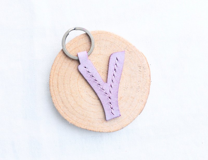 Initial Y letter keychain - ash leather group well stitched leather material bag key ring Italy - เครื่องหนัง - หนังแท้ สีม่วง