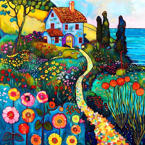 HOUSE-of-the-SUN-Art Cozy house near the sea. Bright colorful impressionistic floral landscape art