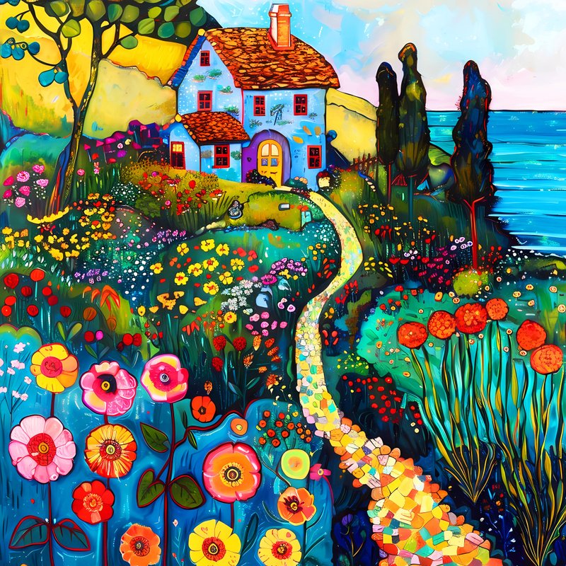 Cozy house near the sea. Bright colorful impressionistic floral landscape art - Wall Décor - Other Materials Multicolor