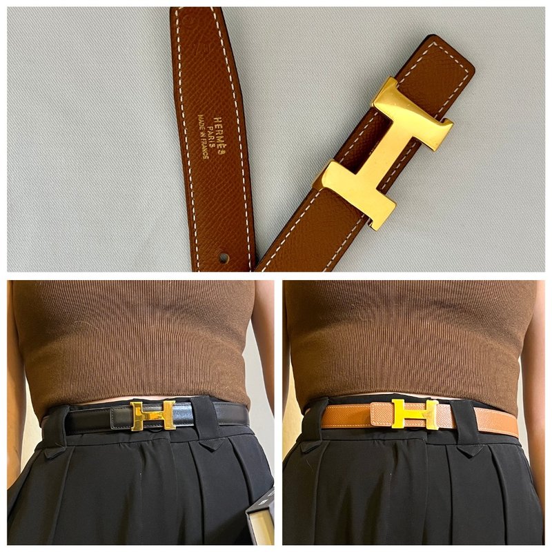 Hermes H reversible belt 24mm gold buckle black brown double-sided leather belt sunrise second-hand - เข็มขัด - หนังแท้ สีดำ