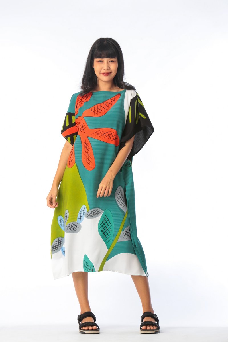 Hand Painted Cotton Rayon Kaftan for Summer Resort Vacation - 洋裝/連身裙 - 棉．麻 綠色