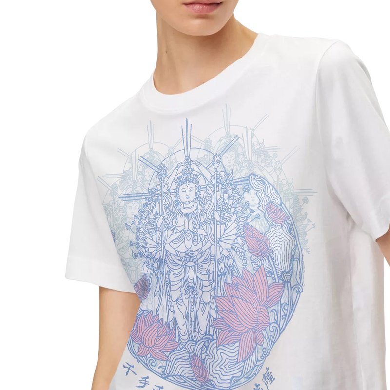 Japanese art T-shirt - Lotus Buddhist 100%Cotton Made in Japan - เสื้อยืดผู้หญิง - ผ้าฝ้าย/ผ้าลินิน ขาว