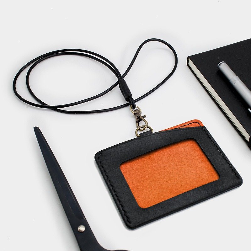 RENEW - 橫式證件套、卡套 黑+橙 植鞣革 手作 手縫 - 證件套/識別證套 - 真皮 橘色