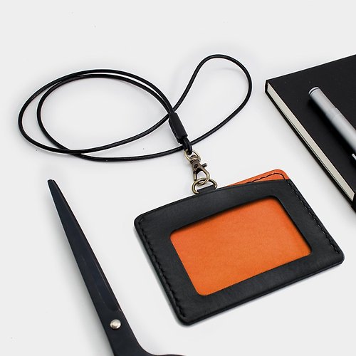 RENEW RENEW - 橫式證件套、卡套 黑+橙 植鞣革 手作 手縫