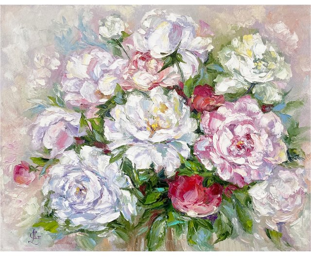 用鲜花绘画牡丹とバラの絵油絵オリジナルアートワーク牡丹の花束