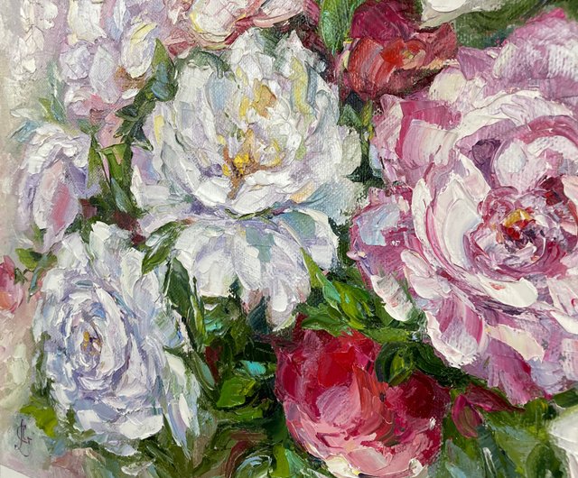 用鲜花绘画牡丹とバラの絵油絵オリジナルアートワーク牡丹の花束