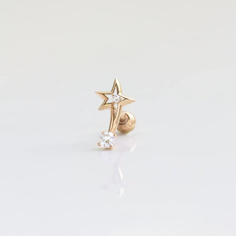 14K 星星弧形鑽鎖珠耳環 (單個) (方向適合左耳耳骨) - 耳環/耳夾/耳骨夾 - 貴金屬 金色