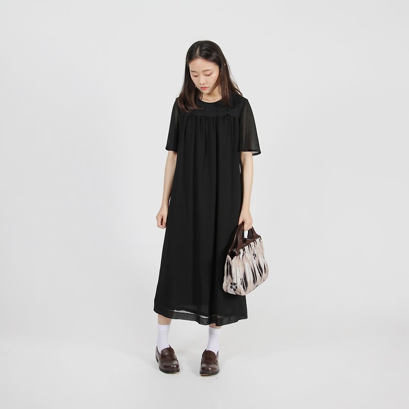 [Egg Plant Vintage] Dark Lace Pure Black Umbrella Vintage Dress - One Piece Dresses - Polyester Black
