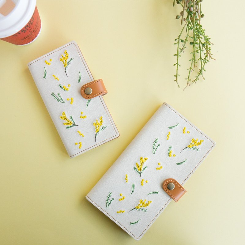 スマホケース 全機種対応 手帳 【 刺繍 ミモザ 】 本革 レザー イエロー iPhone Android A067I - 手機殼/手機套 - 真皮 白色