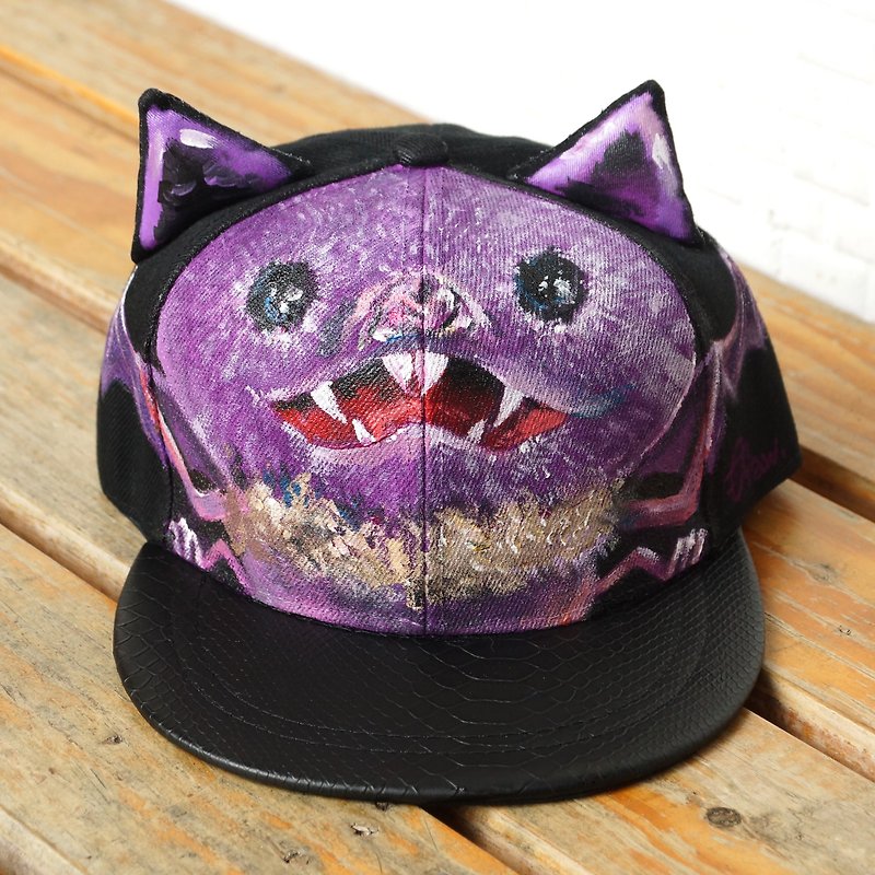 Hand painted cat ear cap <big ear bat> - หมวก - เส้นใยสังเคราะห์ สีม่วง