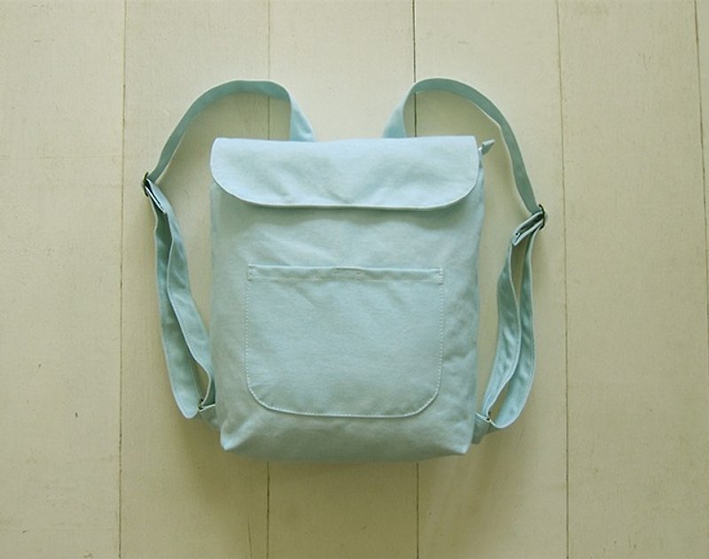 小號雙肩帆布後背包+前貼袋-水洗水綠 / 米白 - 後背包/書包 - 棉．麻 多色