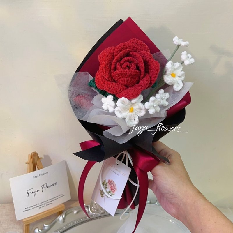 多瓣玫瑰小花束 手工針織花束 編織花 鉤織花 針織花 情人節禮 - 乾燥花/永生花 - 棉．麻 藍色