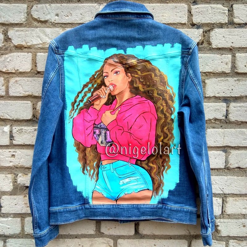 Beyonce Renaissance Painted denim jacket Custom jacket Portrait from photo - 女大衣/外套 - 棉．麻 藍色