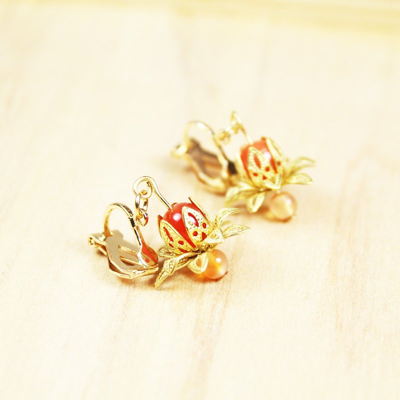 【Collection of gold lake】 Flame lotus earrings red mandarin paragraph | clip-on earrings earrings can be changed for pure silver needles | color agate | brass | natural stone earrings, Chinese ancient style jewelry E8 - Earrings & Clip-ons - Gemstone Orange