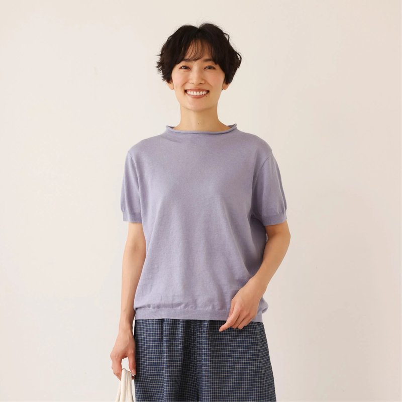 夏の定番に 涼やか着回しニット　リネン コットン半袖トップス　明るく渋い青紫色　250704-4 - 女毛衣/針織衫 - 棉．麻 