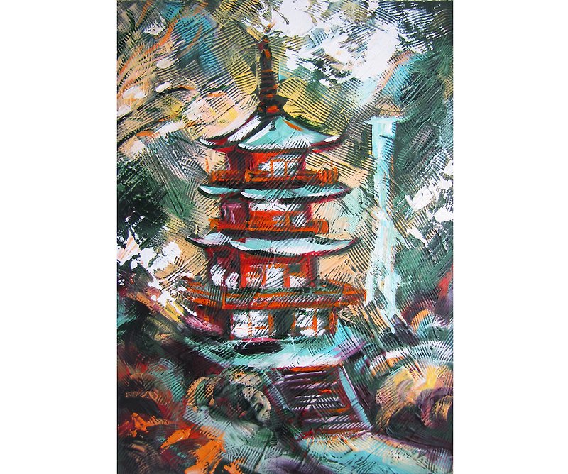 パゴダ熊野那智大社アート日本建築オリジナル油絵 - ポスター・絵 - その他の素材 多色