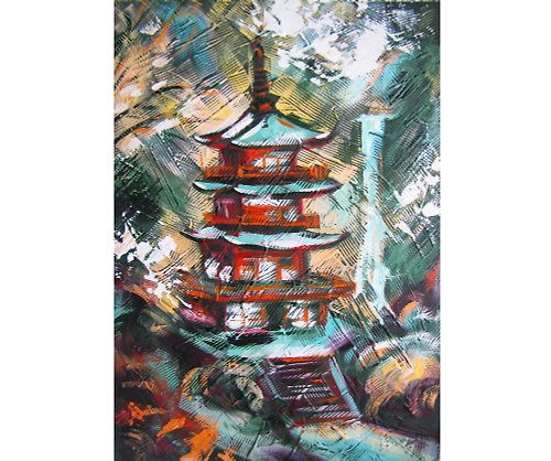 AnnaArtworks Pagoda Kumano Nachi Taisha Art Japanese Architecture Original Oil Painting
