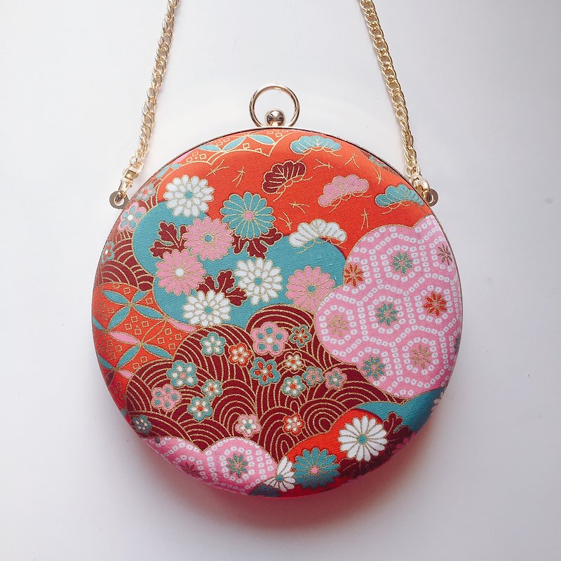 日本粉金雲朵花小圓包 - 可手拿 / 斜揹兩用 - 側背包/斜孭袋 - 棉．麻 粉紅色