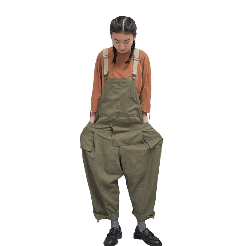 rin OVAL overall 吊帶褲 背帶褲 橄欖綠-棉麻透氣-連身工作服 - 吊帶褲/連身褲 - 棉．麻 綠色