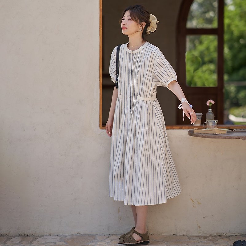 Round Neck Puff Sleeve Striped Dress|Dress|Two-color|Summer|Sora-1207 - ชุดเดรส - ผ้าฝ้าย/ผ้าลินิน หลากหลายสี