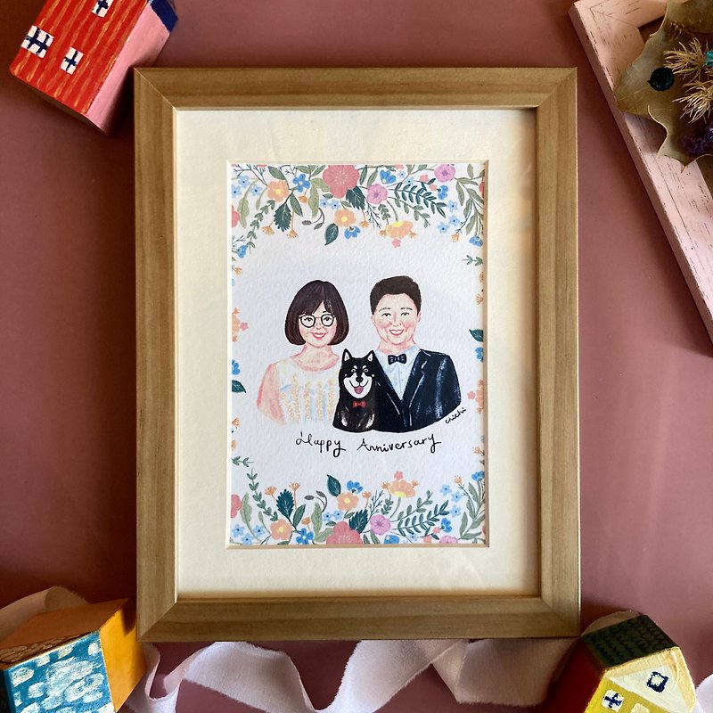 [Customized] A4 photo frame with flower and plant lining for two people, including paper lining, wedding decoration - Customized Portraits - Paper Pink