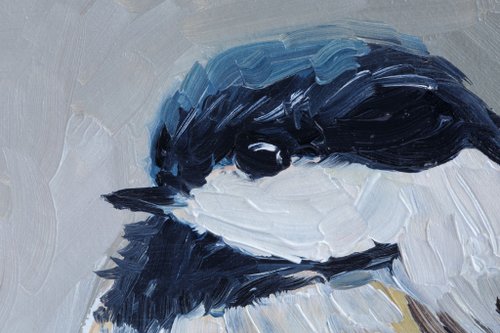 コガラ油絵鳥オリジナル小さな壁アート青シジュウカラ絵画厚塗り