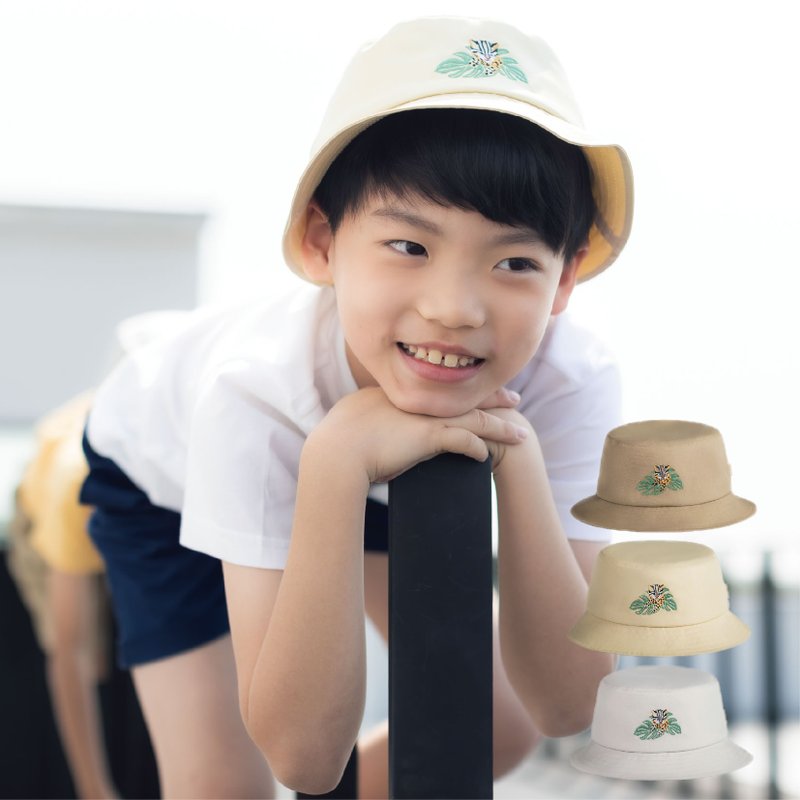 淺黃色兒童調節漁夫帽-吸濕排汗 柔軟 動物刺繡 石虎 環保 - 帽子 - 環保材質 