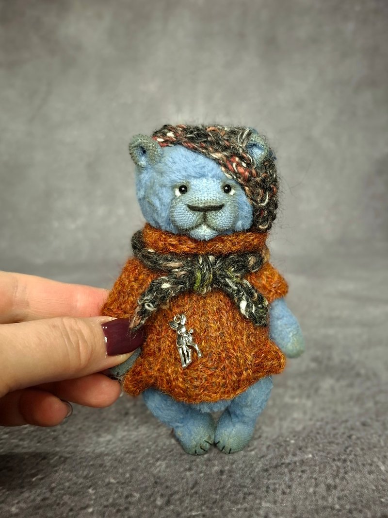 Miniature teddy bear in clothes Cute bear in sweater Handmade bear toy - 玩偶/公仔 - 其他材質 藍色