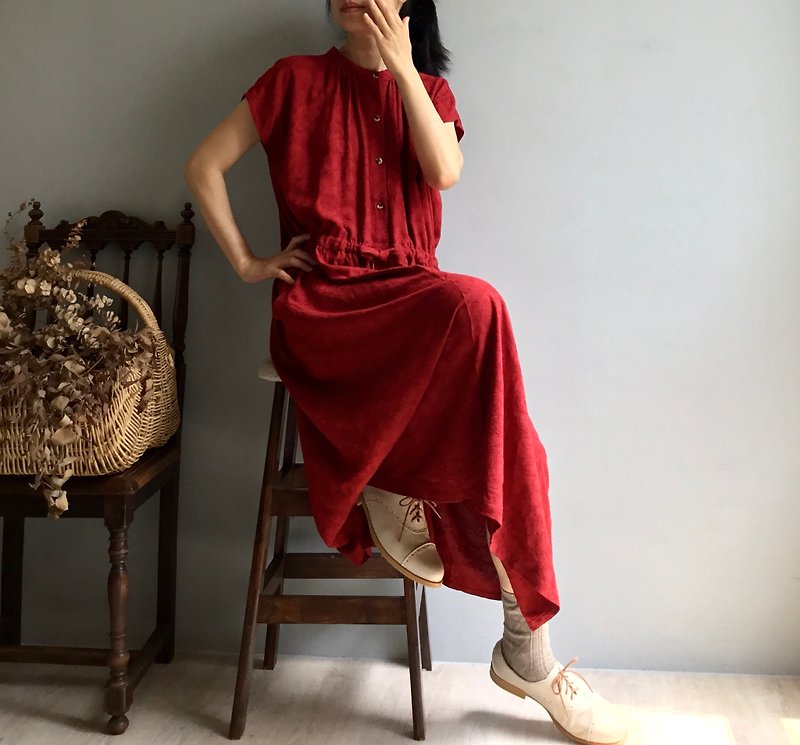 Leisurely Everywhere/Pomegranate Red Classic Jacquard Pure Cotton Open Button Small Stand Collar Waist Drawstring Short Sleeve Long Version Dress - One Piece Dresses - Cotton & Hemp Red