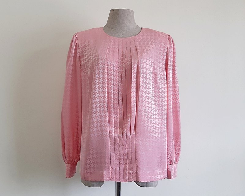 Vintage Pink Houndstooth Pleated Blouse - Women's Tops - Polyester Pink