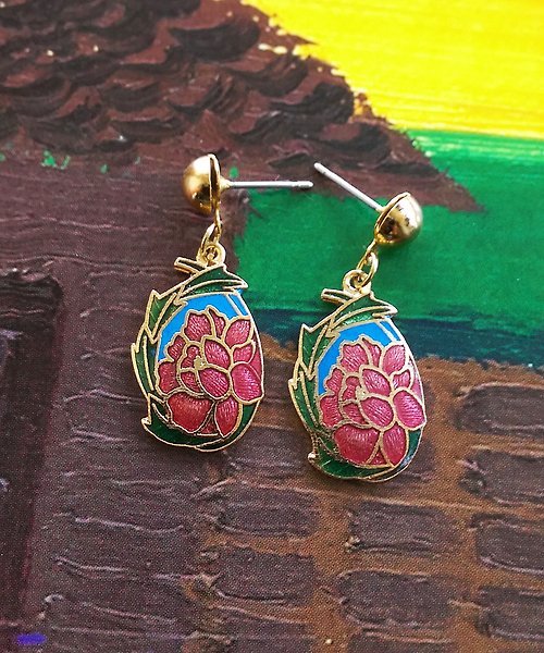老時光角落 Vintage Jewelry 西洋古董飾品 景泰藍 綠葉紅花 針式耳環
