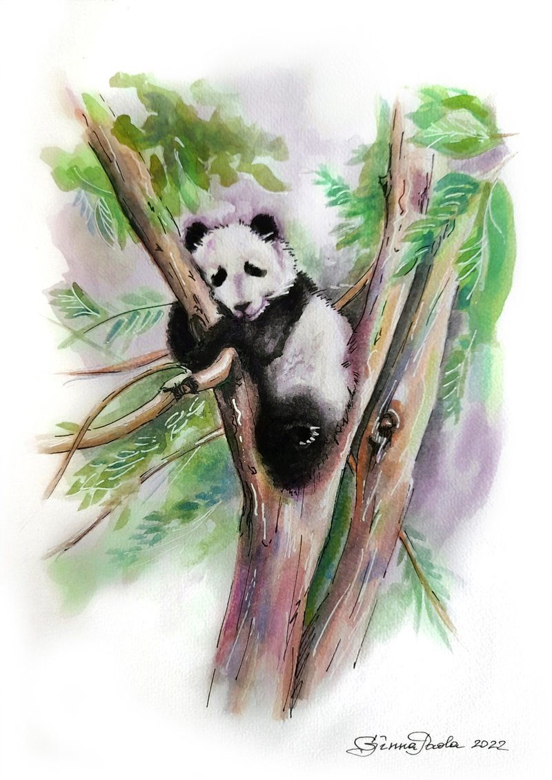 Panda Painting Watercolor Animal Artwork Wall Art Original Chinese Mini Bear - 壁貼/牆壁裝飾 - 紙 多色