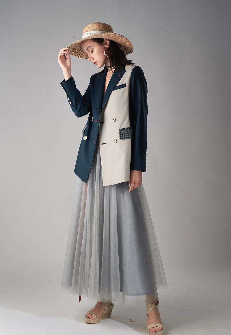 22ss/AISH/Taiwan designer/Time and Space China Plaid suit jacket/Italian fabric/Taiwan - เสื้อสูท/เสื้อคลุมยาว - ขนแกะ สีน้ำเงิน