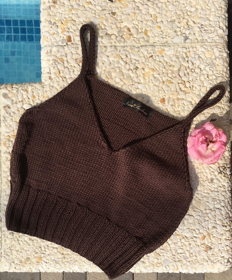 Handmade knitted summer Knit Top V Neck Knit Top Crop Tops boho Minimal top - 女上衣/長袖上衣 - 棉．麻 咖啡色