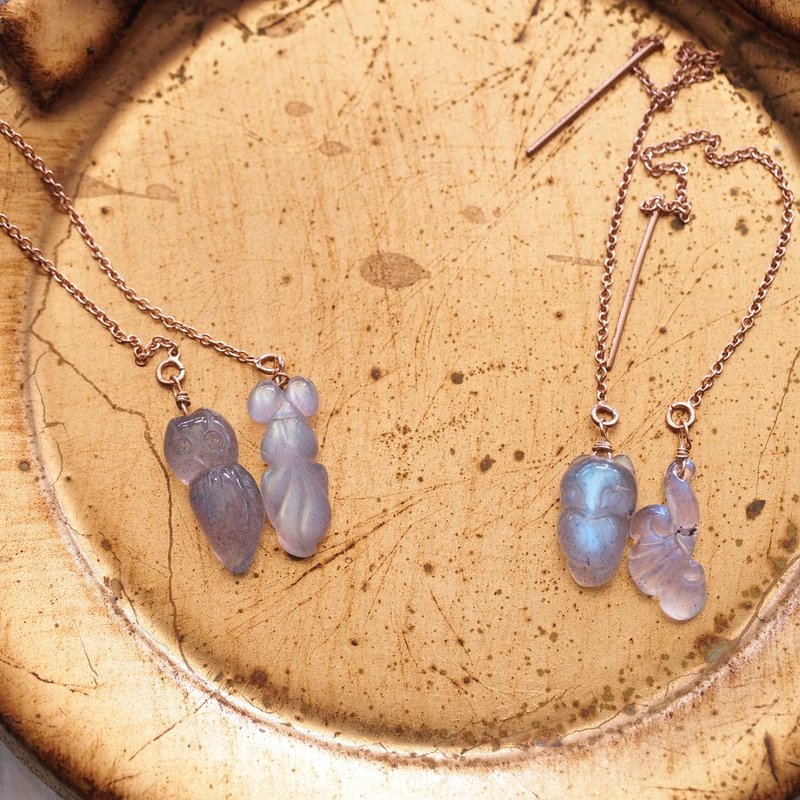14KGF Rose Gold 玫瑰金 拉長石雕件 錬式耳環 labradorite - 耳環/耳夾/耳骨夾 - 半寶石 藍色