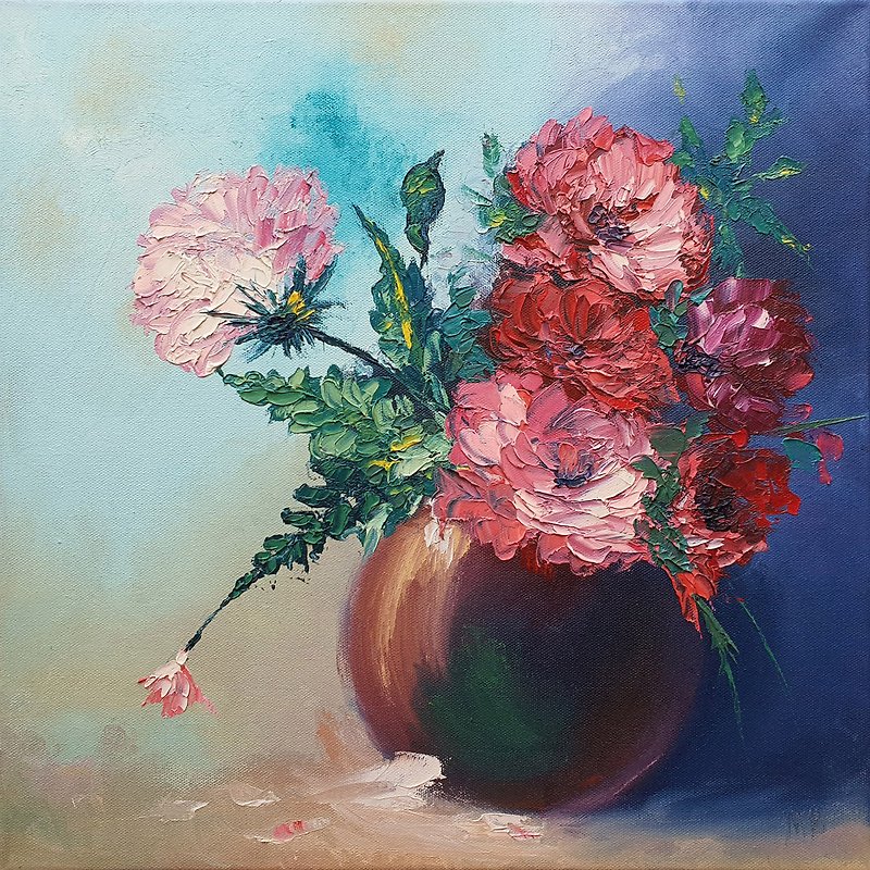 Peony Painting Floral Original Artwork Vase Bouquet Flowers Wall Art Still life - Posters - Other Materials Multicolor