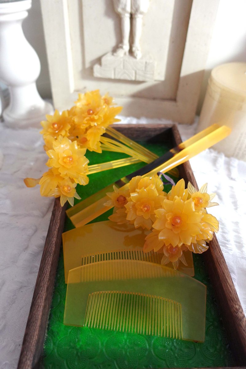 日本琥珀天然寶石古董和服櫻花頭飾 藝伎cosplay中古珍品 - 髮夾/髮圈 - 寶石 金色