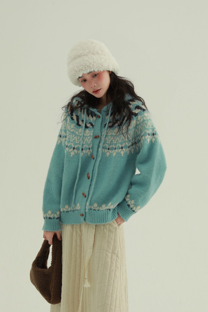 2顏色 氛圍密碼 連帽費爾島毛衣 秋冬溫柔軟糯保暖針織衫帽衫 - 女裝毛衣/針織衫 - 其他人造纖維 藍色