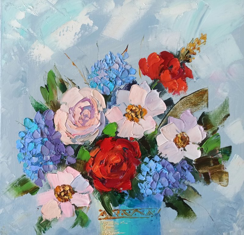 Hydrangea and Peony Painting Original Art Flower Oil Painting on Canvas Artwork - 海報/掛畫/掛布 - 其他材質 
