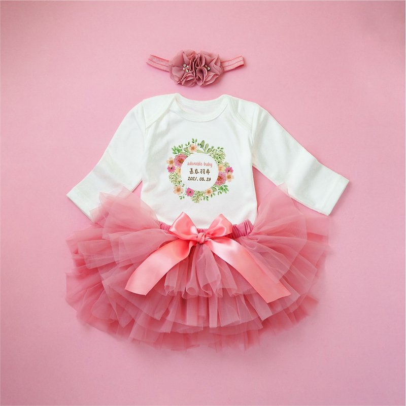 寶寶誕生花環 小公主色 客製長袖包屁衣 3件組禮盒 周歲 滿月 - 滿月禮物 - 棉．麻 粉紅色