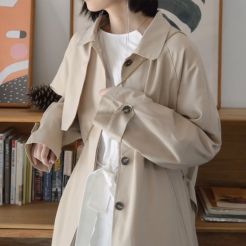 Light khaki single-breasted long trench coat | Windbreaker | Polyester fiber | Independent brand |Sora-114 - เสื้อสูท/เสื้อคลุมยาว - เส้นใยสังเคราะห์ 